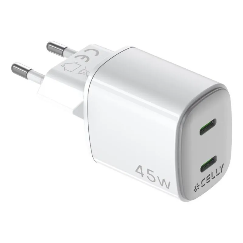 Carregador USB-C Celly UPTC2USBC45WWH 45W GaN 2 Ports Branco