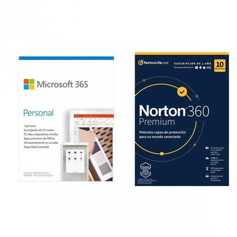 Microsoft 365 Pessoal 1 Utilizador 1 Ano + Norton 360 Premium 10 Dispositivos 1 Ano