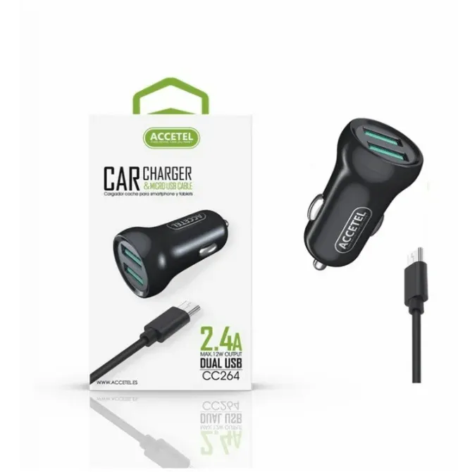 Carregador de carro CC264 ACCETEL 2.4A 2USB - Micro USB Preto