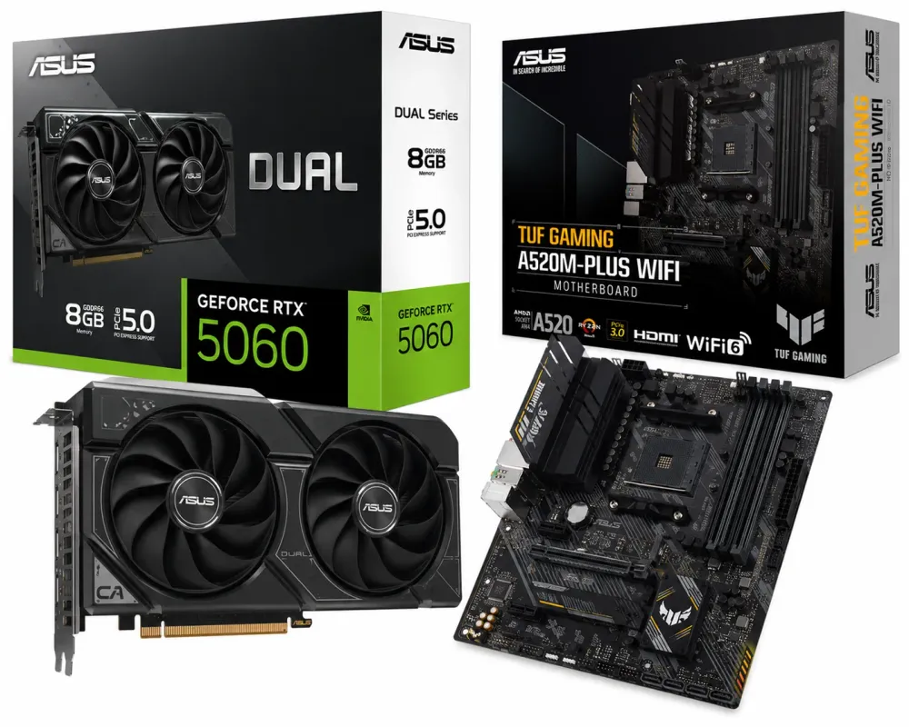 Placa Gráfica Asus DUAL GeForce RTX 5060 OC 8GB DLSS4 + Motherboard Asus TUF GAMING A520M-Plus Wi-Fi DDR4 Skt AM4