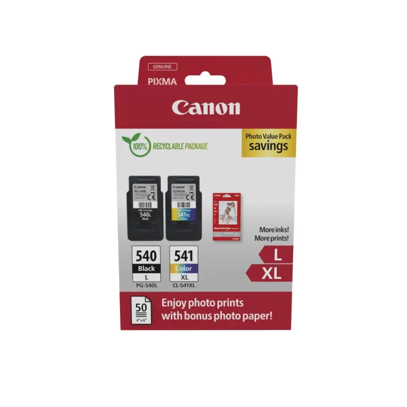 Tinteiro preto Canon PG-540L + Tinteiro a cores CL-541XL de alto rendimento + Papel fotográfico Pack económico