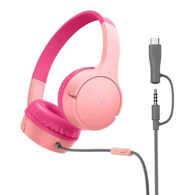 Auriculares Belkin SoundForm Mini com fio USB-C e jack 3,5 mm para chamadas e música, rosa