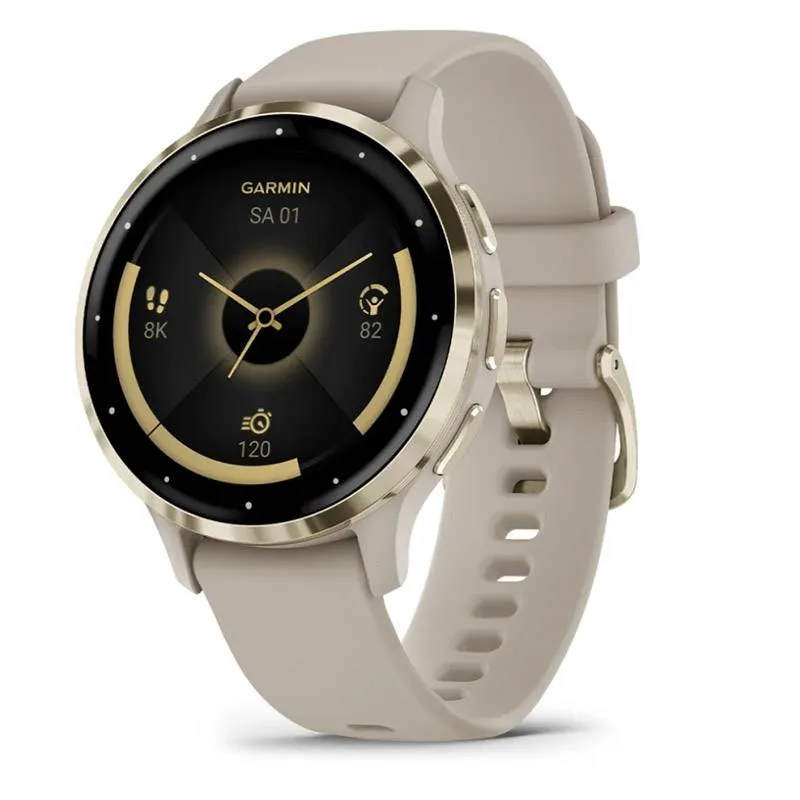 Smartwatch Garmin Venu 3S (41mm) Rebordo em Aço Inoxidável Dourado Macio com Caixa French Gray e Bracelete em Silicone