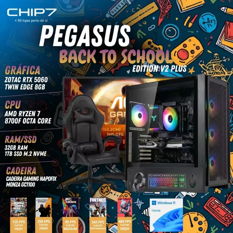 COMPUTADOR GAMING - AMD Ryzen 7 8700F / NVIDIA RTX 5060 8GB / 32GB RAM / 1TB SSD / Windows 11 Home / Cadeira Gaming Napofix Bari GC1100 / Bundle Mars Gaming MCPRGB3 / Monitor AOC 24.5" FHD 0.5ms 180 Hz - CHIP7 Pegasus Back To School Edition V2 Plus