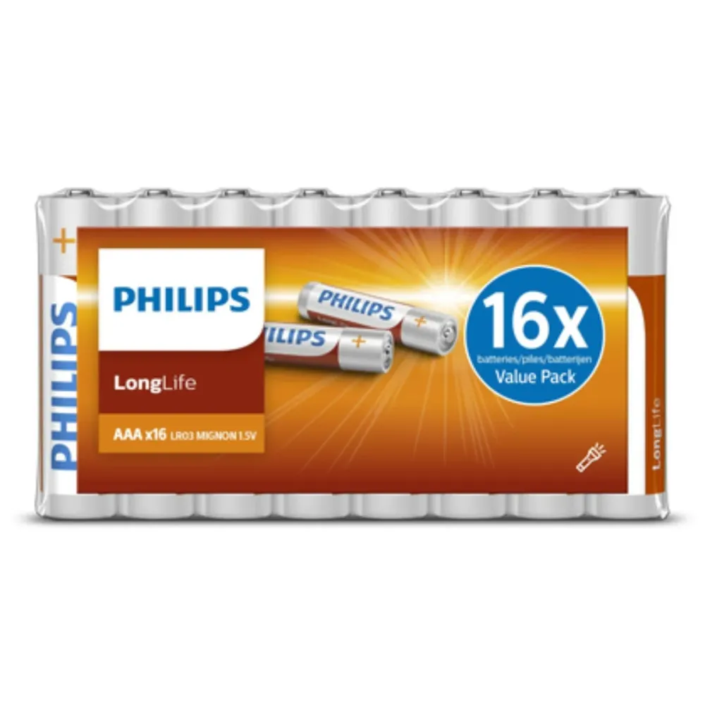 Pilhas Philips LongLife 16 Unidades 1.5V R03 AAA
