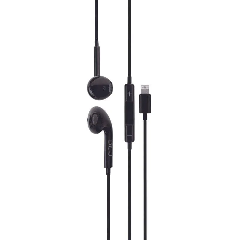 Auriculares DCU Tecnologic Lightning com fio, microfone e controlo de volume, preto