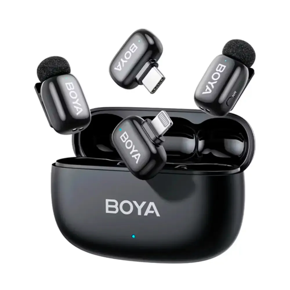 Microfone de Lapela BOYA Mini 2-01 (2RX + 2TX) Ultracompact 2.4GHz Wireless USB-C + Lighting Preto