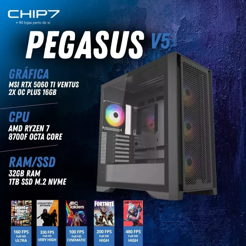 COMPUTADOR GAMING - AMD Ryzen 7 8700F / RTX 5060 TI 16GB / 32GB RAM / 1TB SSD - CHIP7 Pegasus V5 Powered By MSI
