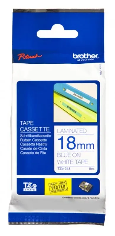 Fita laminada, Texto azul sobre fundo branco, Largura: 18 mm, Comprimento: 8m