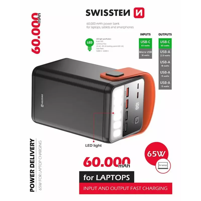 Powerbank Swissten Power Line 60000 mAh / 65W / 6 Portas / Lanterna LED