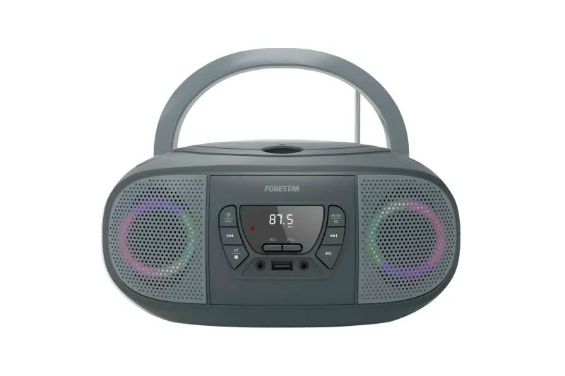 Rádio FM 2x 6.5W c/ MP3/CD/USB/Aux + Efeitos LED Cinzento - BOOM-GO-G