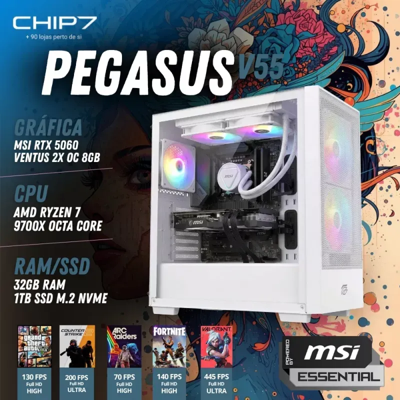 COMPUTADOR GAMING - AMD Ryzen 7 9700X / NVIDIA RTX 5060 8GB / 32GB RAM / 1TB SSD - CHIP7 PEGASUS V55 Powered by MSI