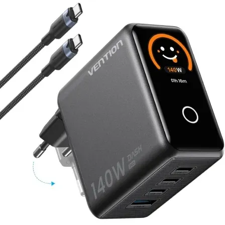 Carregador GaN Vention TZ-FCOH0-EU/ 3xUSB Tipo-C + Cabo USB Tipo-C/ 1xUSB/ 140W
