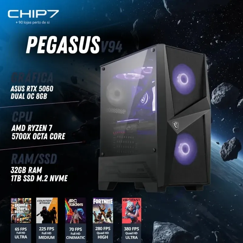 COMPUTADOR GAMING - AMD RYZEN 7 5700X / RTX 5060 8GB / 32GB RAM / 1TB SSD - CHIP7 PEGASUS V94