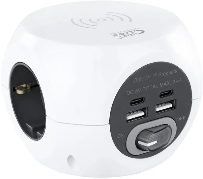 Tomada de 3 sockets com 4 USB's (2 USB A / 2 USB-C) s/ fios, c/ interruptor