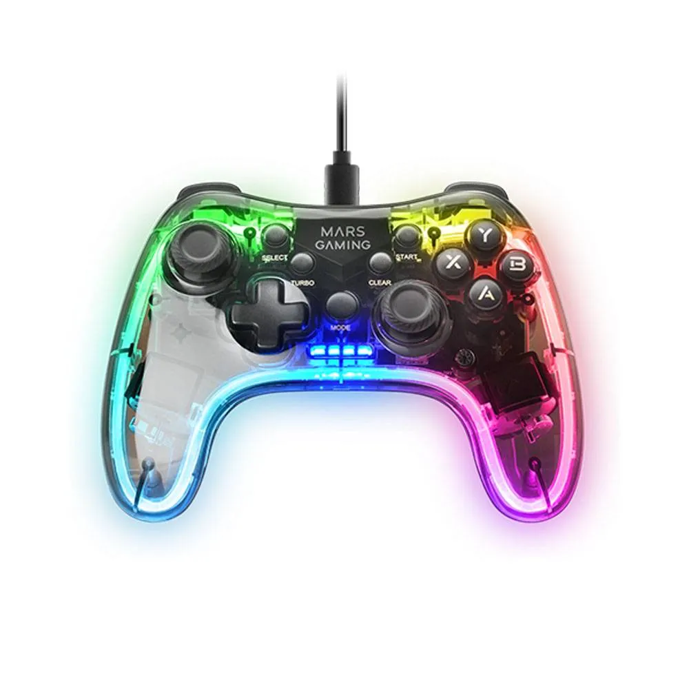 Gamepad Mars Gaming MGP-C Neon RGB Dual Haptic PC/PS3/Mac/Switch/Raspberry Pi Transparente