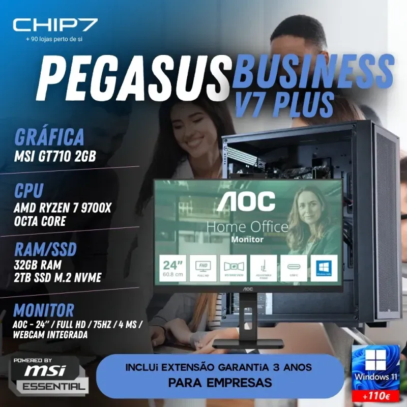 COMPUTADOR TRABALHO - AMD Ryzen 7 9700X / GT 710 2GB / 32GB RAM / 2TB SSD /Monitor AOC 24" Full HD IPS 4ms 75Hz 24P3CW / S/SO - CHIP7 PEGASUS BUSINESS V7 PLUS Powered By MSI