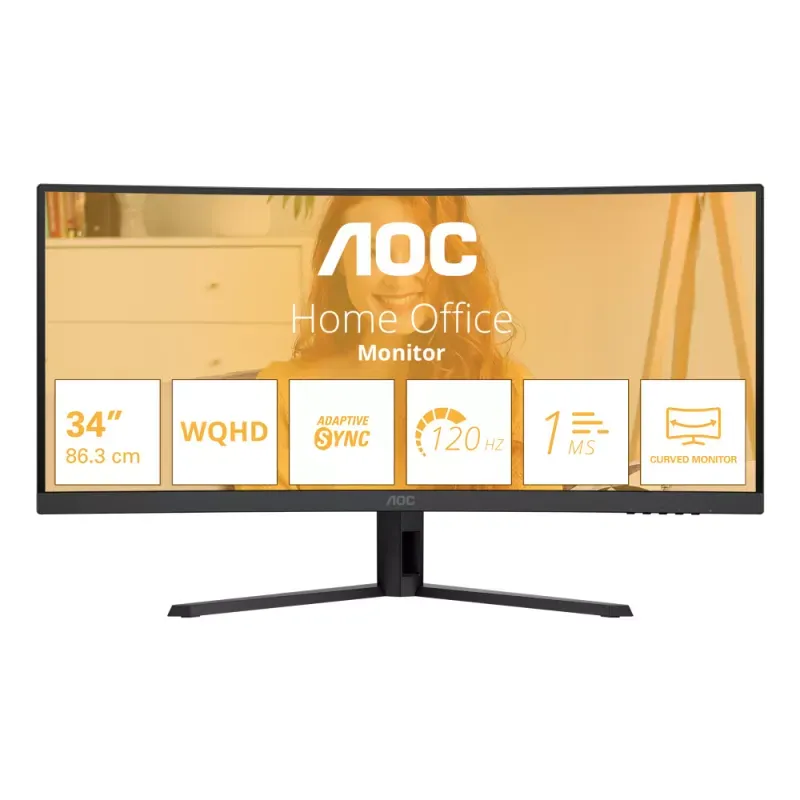 AOC Basic-line CU34B3E - B3 Series - monitor LED - curvo - 34" - 3440 x 1440 WQHD @ 120 Hz - VA - 300 cd/m² - 3500:1 - HDR10 - 1 ms - HDMI, DisplayPort - preto