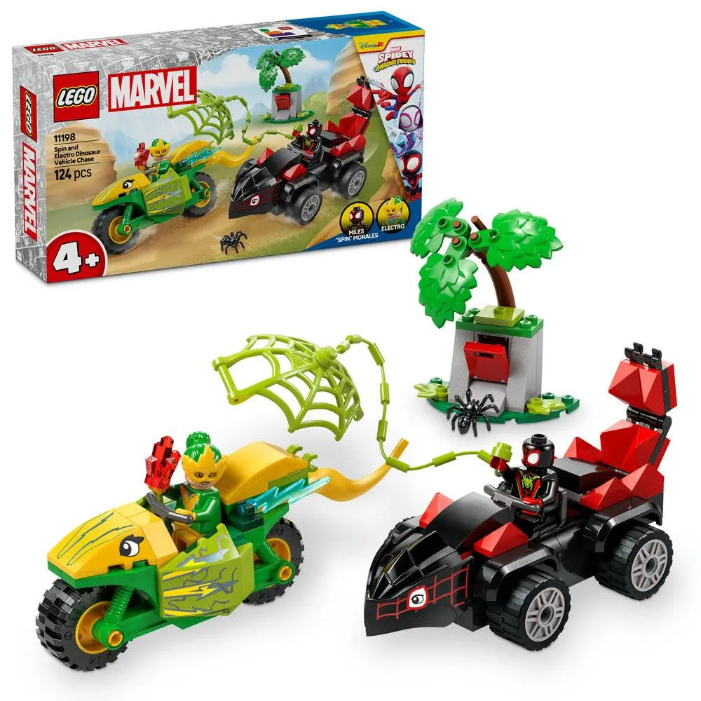 LEGO Marvel Spin e Electro - Perseguição em Veículos Dinossauros - 11198
