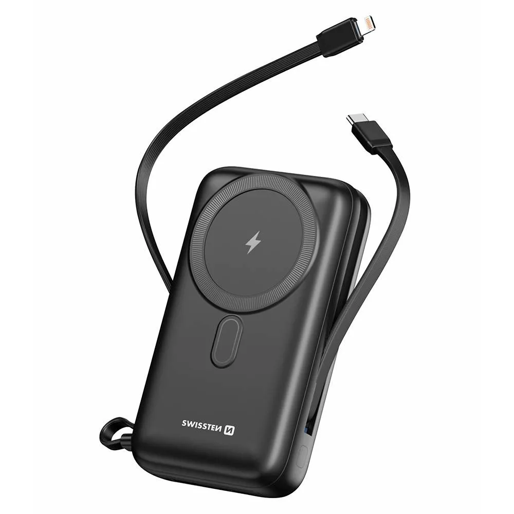 Powerbank Swissten MagSafe 10000mAh 20W Preta c/ Cabos USB-C/Lightning Integrados