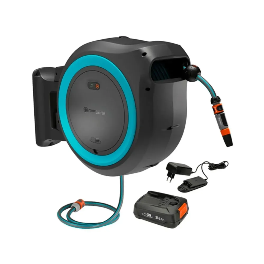 Enrolador de Mangueira Automático de Parede Gardena PowerRoll XXL 40m c/ Bateria Azul