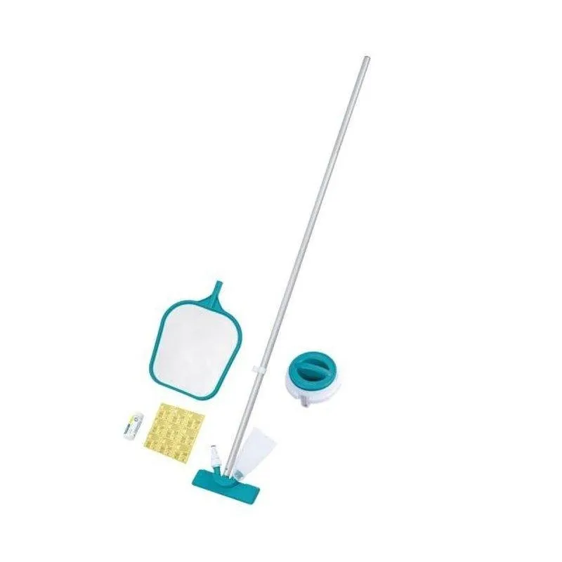 Kit Limpeza Piscina Bestway AquaClear: Aspirador, Skimmer, Dosímetro com Termómetro, 50 Tiras e 9 Remendos