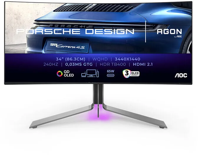 Monitor AGON by AOC Porsche Design 34" PD34 QD-OLED WQHD 240Hz 0.3ms Adaptive Sync HDR True Black 400
