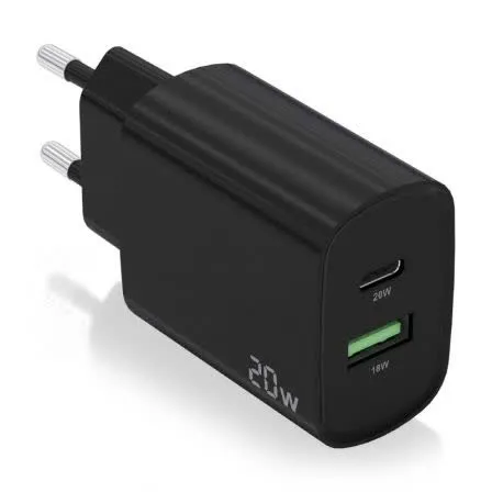 Carregador 20W 1x USB-C PD3.0 1x USB-A QC3.0 (Preto) - AISENS