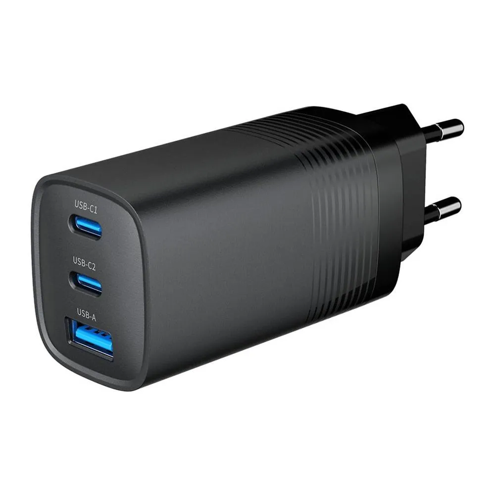 Carregador Gembird TA-UC-PDQC65-01-BK Dual USB-C + USB-A 65W GaN Fast Charger Preto