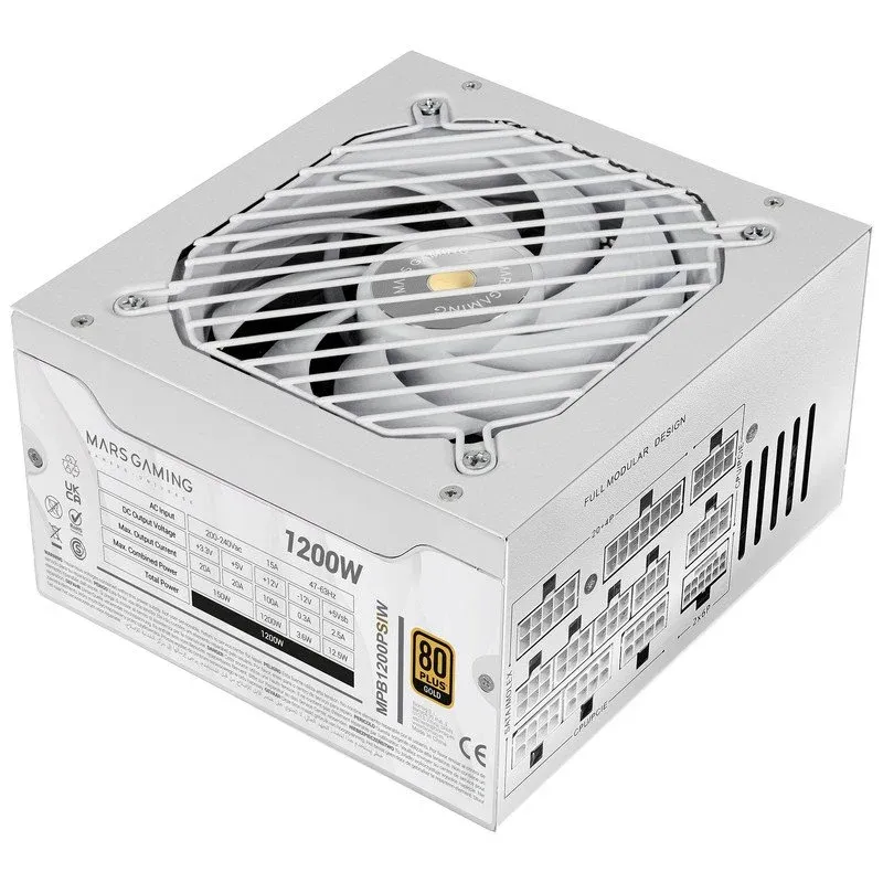 Fonte Alimentação Fonte de alimentação Mars Gaming MPB1200PSI, 1200 W, 80 Plus Gold, 10 anos de garantia, branca.