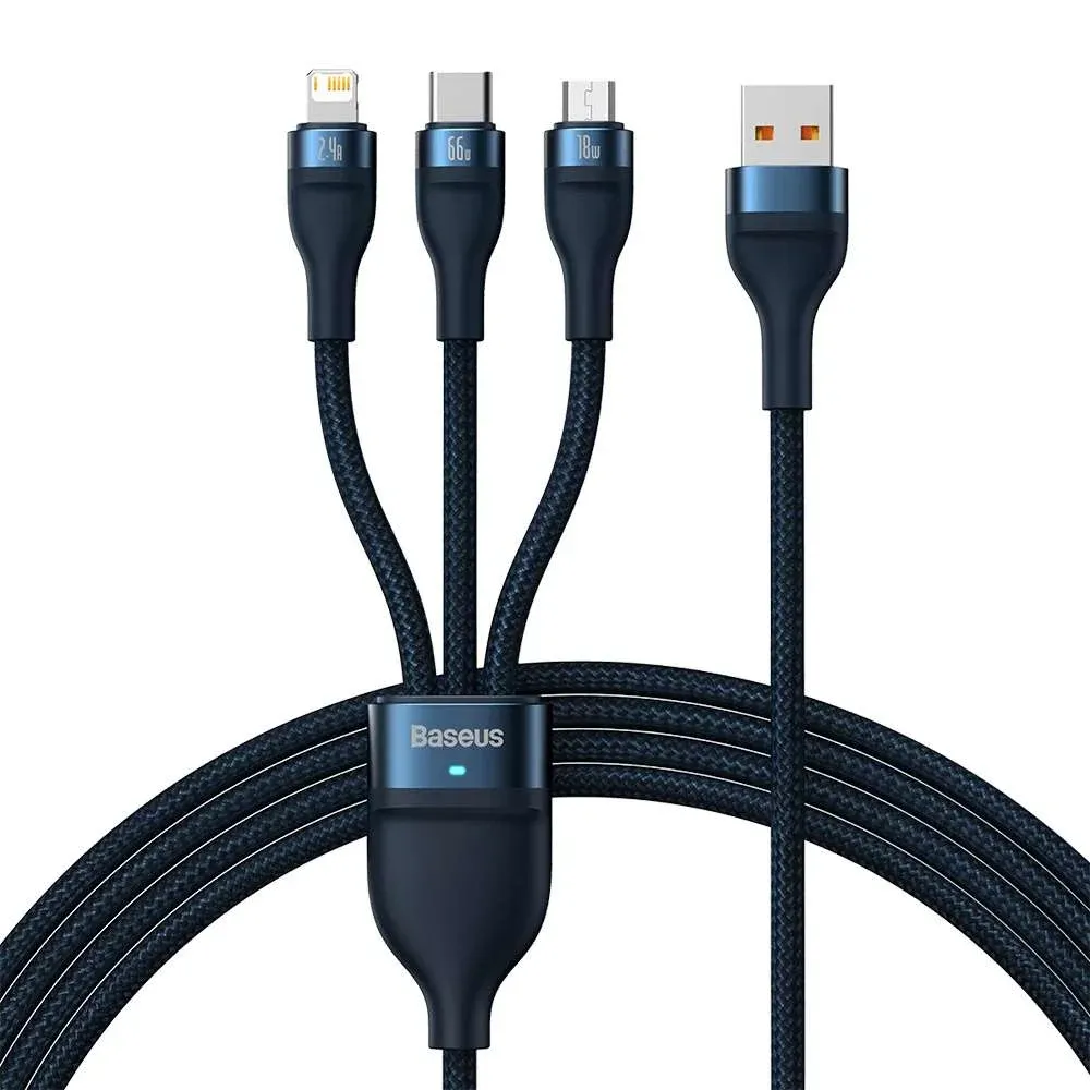 Cabo Baseus Flash USB-A p/ USB-C Micro USB Lightning PD 66W 1.2m Azul