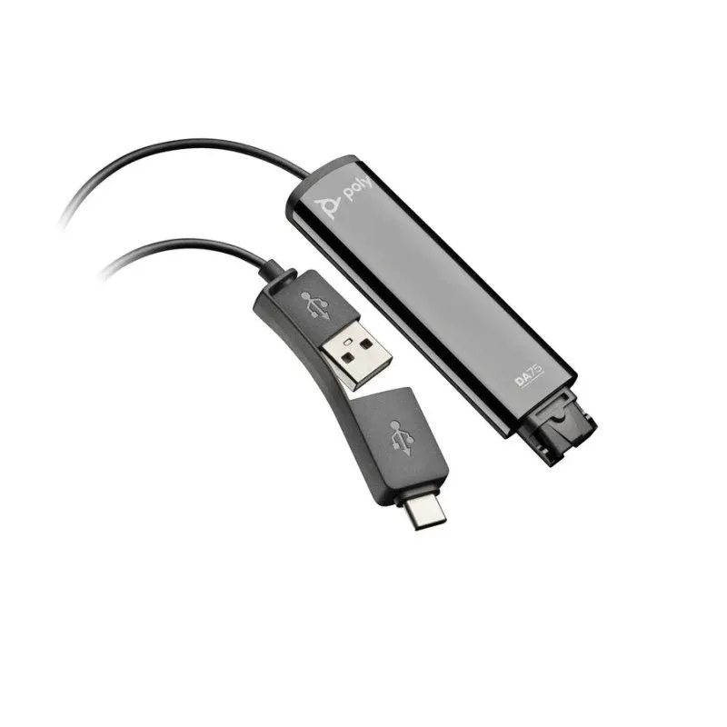 Adaptador Poly DA75 USB-A e USB-C para auscultadores QD preto compatível com TAA