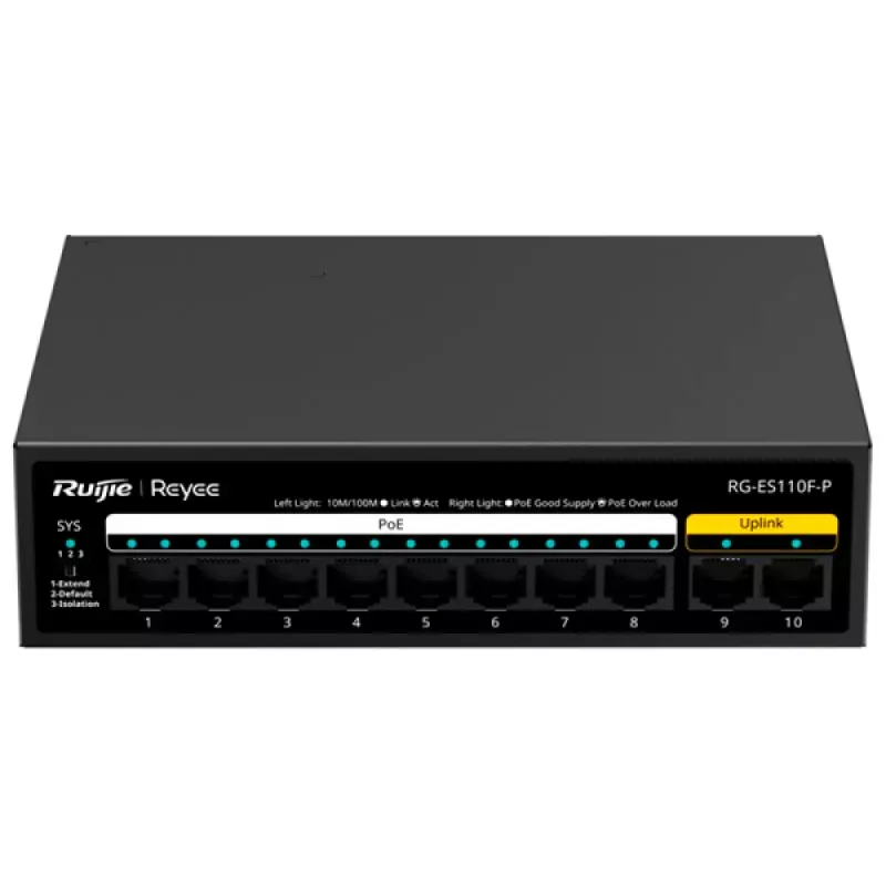 RUIJIE SWITCH DE REDE N/GERIDO 8 X 1000 POE + 2 X 1000 UPLINK PRETO