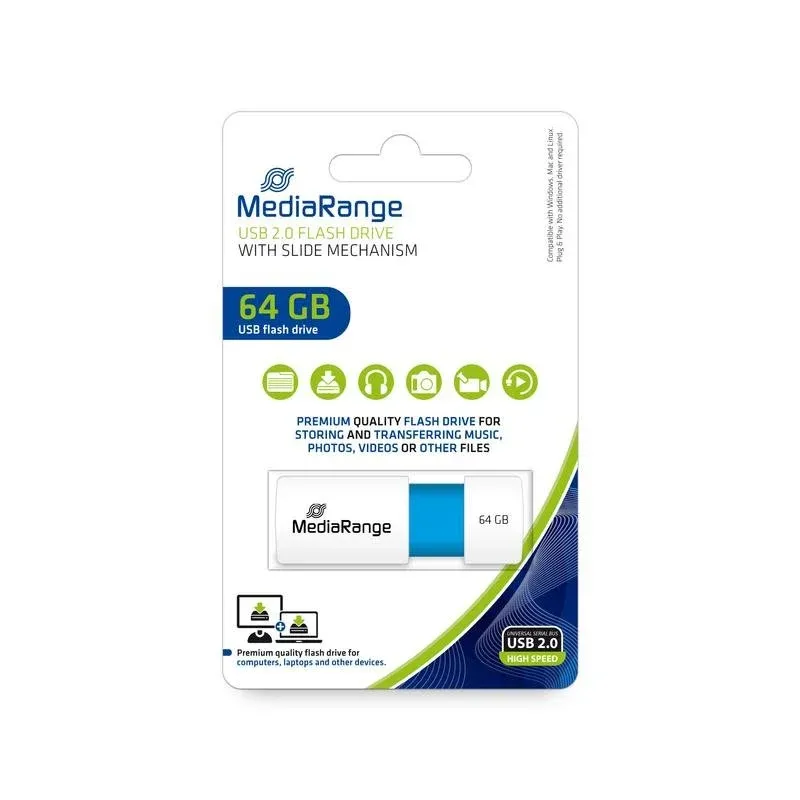 Pen Drive MediaRange MR974 64GB USB 2.0 Deslizante Azul Branco
