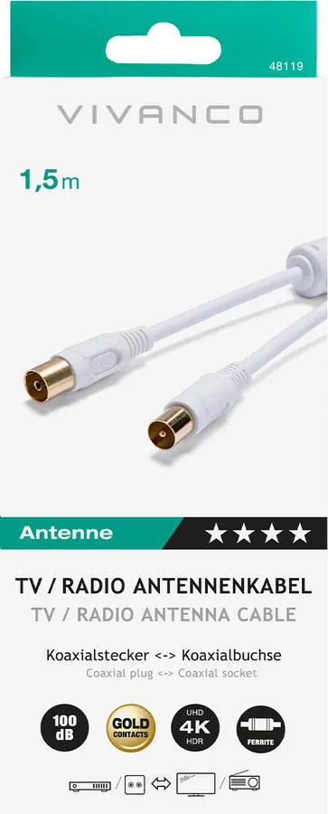 Cabo Coaxial VIVANCO Antena Gold 150CM (Branco)