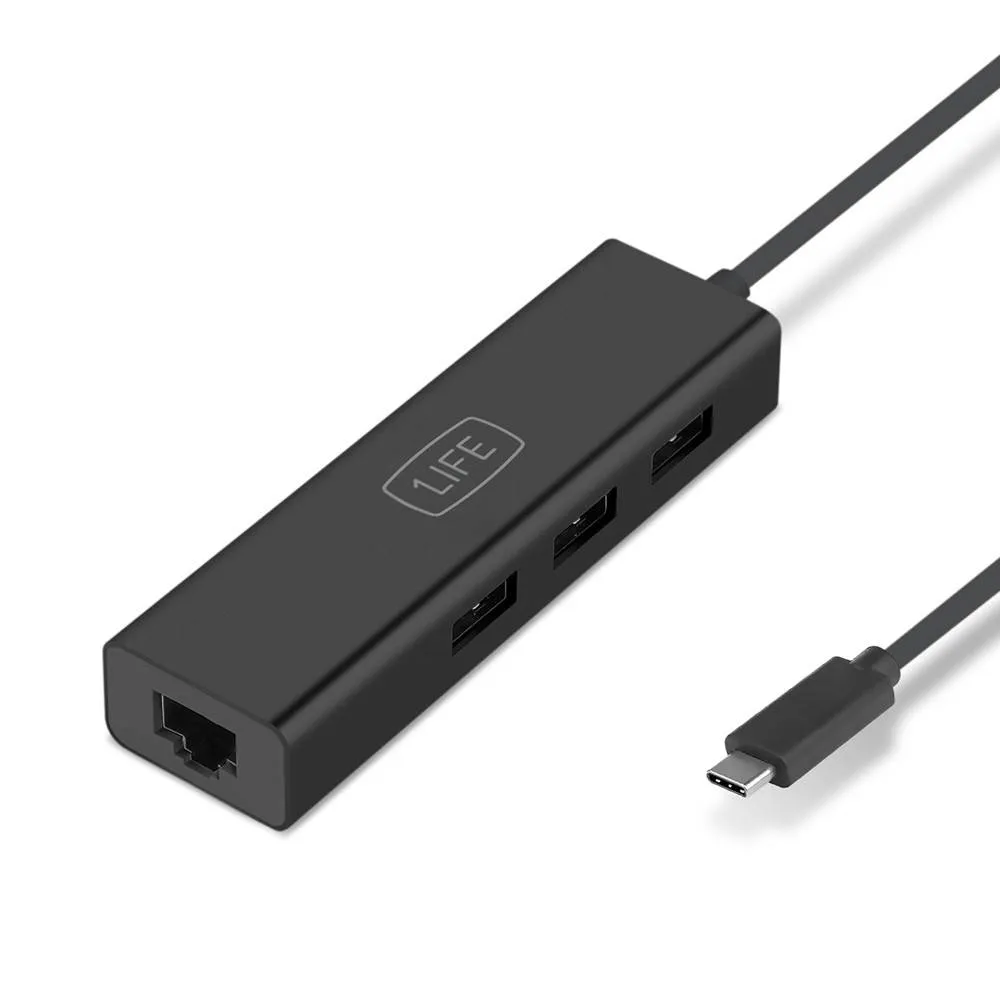 Hub USB-C 1Life USB:HUB 3 RJ45 Gigabit Preto