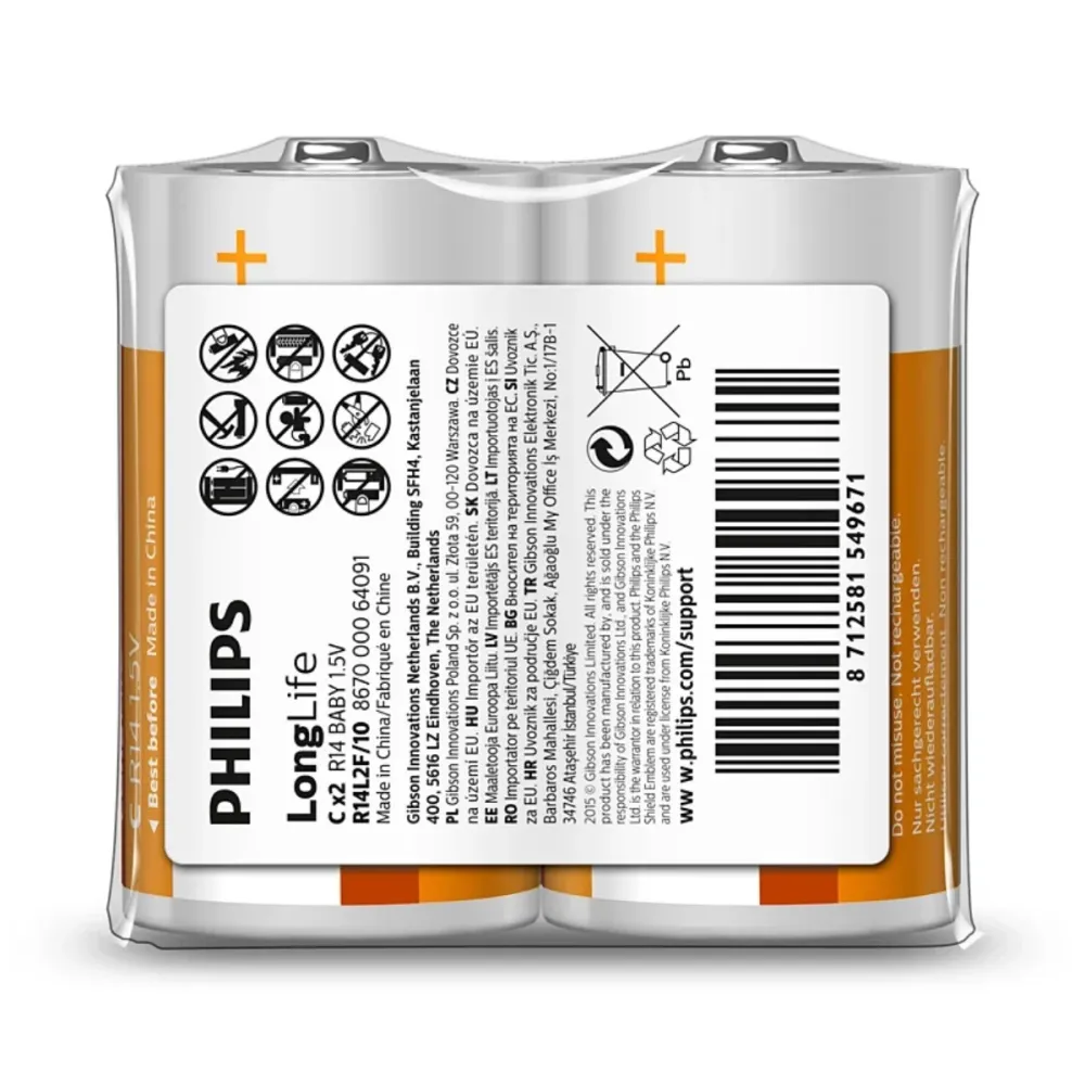 Pilhas Philips LongLife 2 Unidades 1.5V R14
