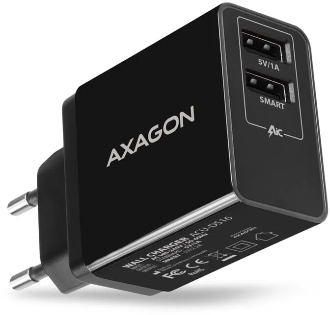 Carregador de parede AXAGON ACU-DS16 2x 5V-2.2A + 1A 16W, Preto