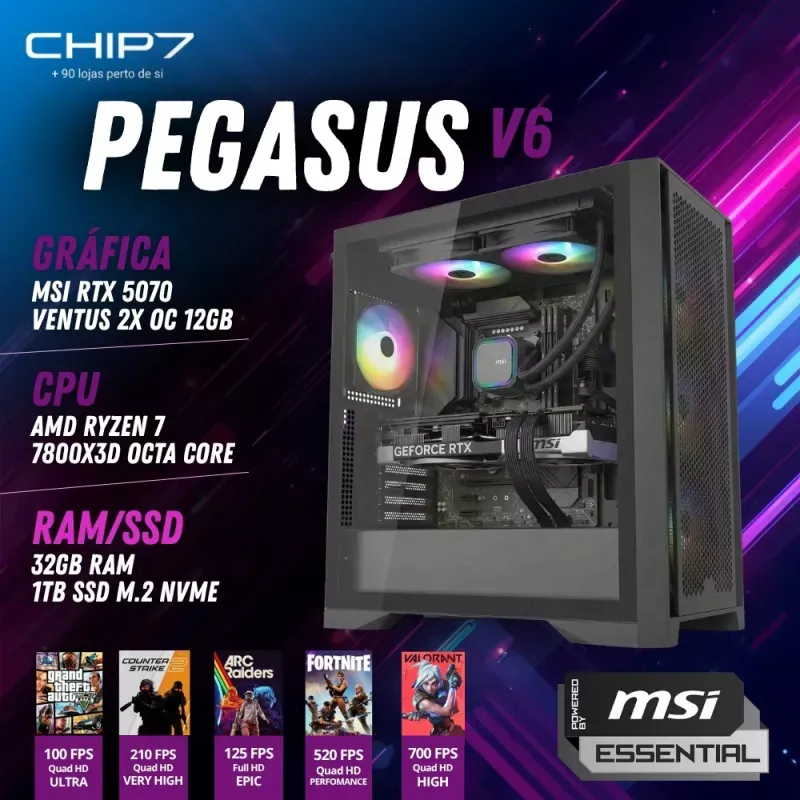 COMPUTADOR GAMING - AMD Ryzen 7 7800X3D / Nvidia RTX 5070 12GB / 32GB RAM / 1TB SSD / Windows 11 Home - CHIP7 Pegasus V6 Powered By MSI
