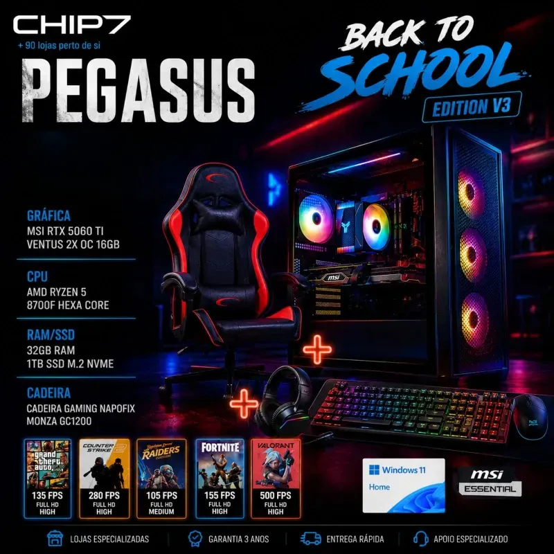 COMPUTADOR GAMING - AMD Ryzen 7 8700F / NVIDIA RTX 5060 TI 16GB / 32GB RAM / 1TB SSD / Windows 11 Home / Cadeira Gaming Napofix MONZA GC1200 / Bundle Mars Gaming MCPRGB3 - CHIP7 Pegasus Back To School Edition V3 Powered By MSI