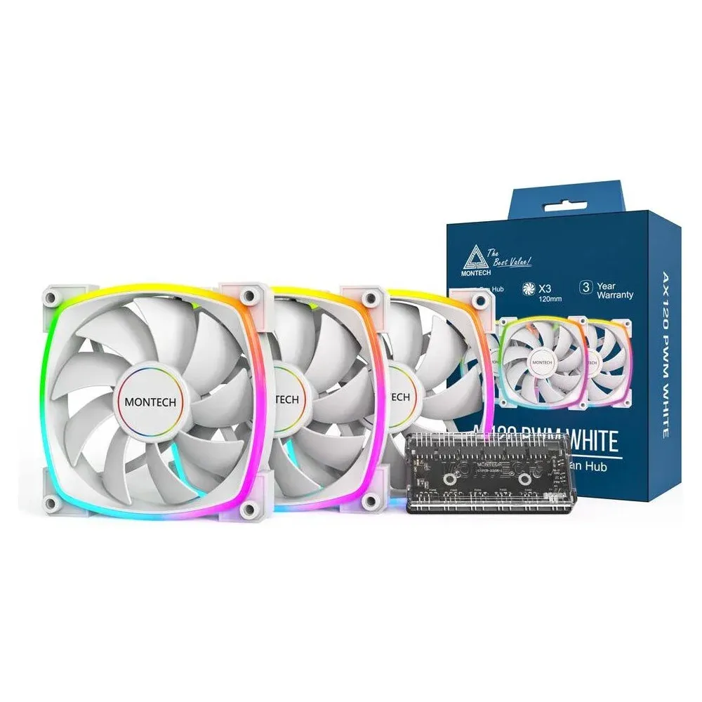 Ventoinha Montech AX120 PWM ARGB PWM 120mm Branco (Pack 3)