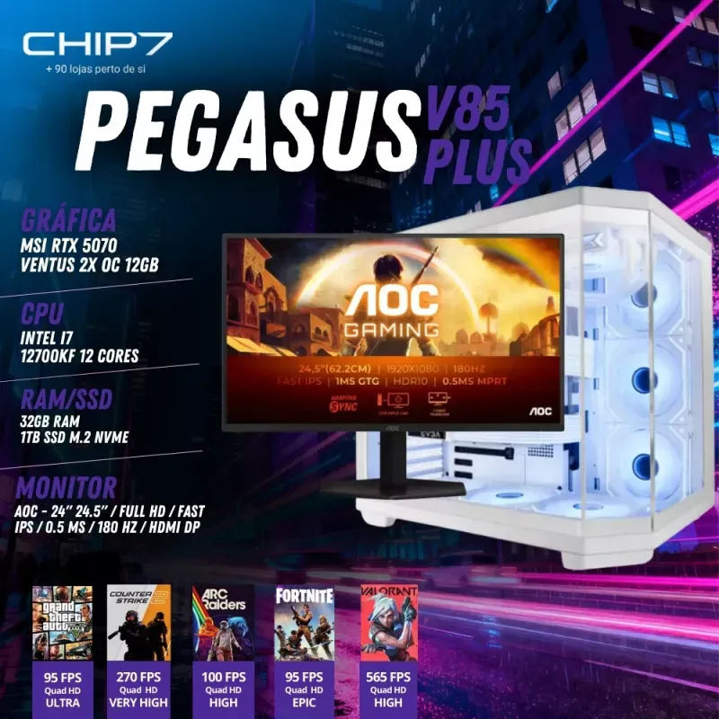 COMPUTADOR GAMING - I7 12700KF / NVIDIA RTX 5070 12GB / 32GB RAM / 1TB SSD / Monitor AOC 24.5" FHD 0.5ms 180 Hz - CHIP7 PEGASUS V85