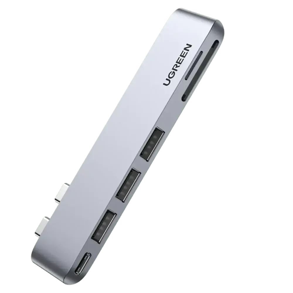Adaptador Dual USB-C UGREEN CM251 6-em-2 (3x USB-A 3.0 + 1x USB-C + TF/SD) Cinza