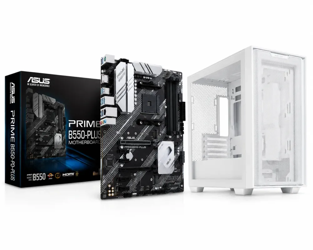 Motherboard Asus PRIME B550-Plus + Caixa Asus A21 Plus ARGB Branca Micro-ATX Vidro Temperado
