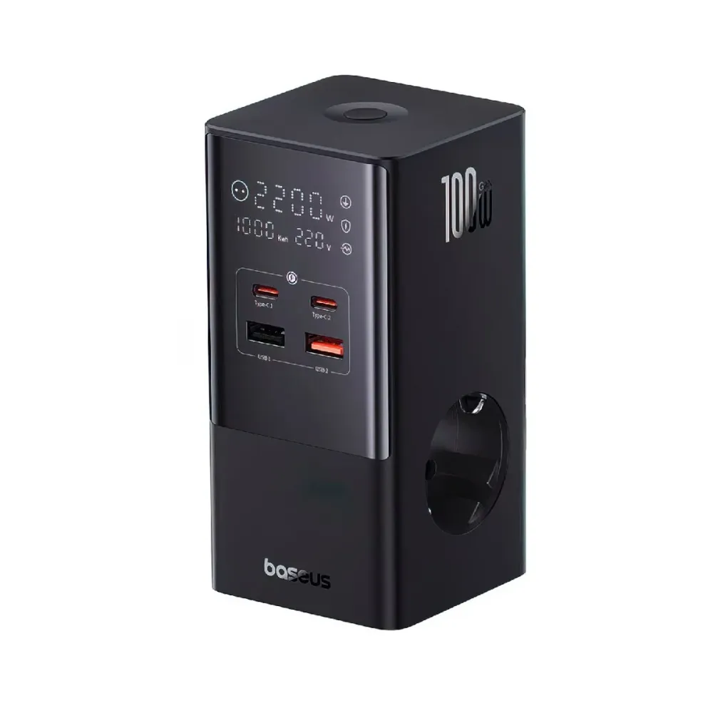 Carregamento Baseus PowerCombo 100W 2x Shuko + 2x USB-A + 2x USB-C Preto