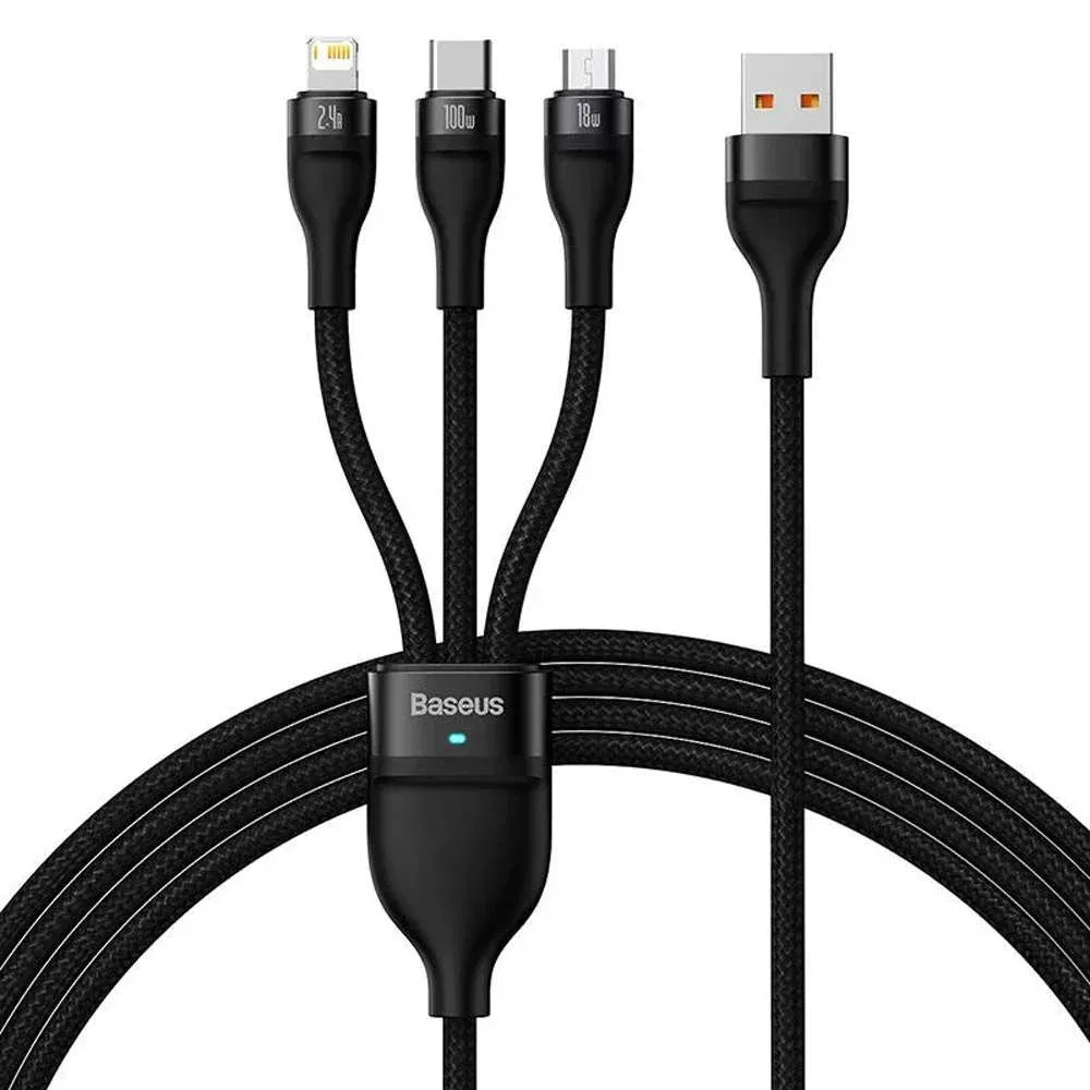 Adaptador Baseus Flash Series USB-A 3-em-1 (Lightning + USB-C + MicroUSB) PD 100W 1.2m Preto
