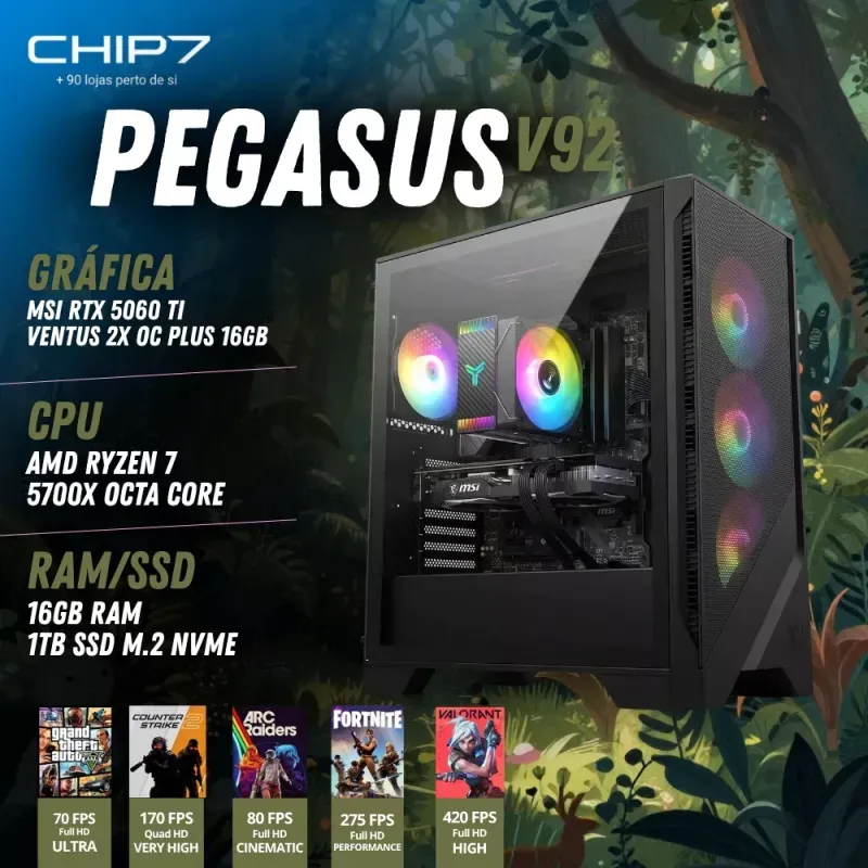 COMPUTADOR GAMING - AMD Ryzen 7 5700X / RTX 5060 TI 16GB / 16GB RAM / 1TB SSD - CHIP7 Pegasus V92 Powered By MSI