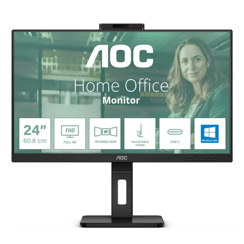 Monitor Video Conferência AOC - 24" Full HD IPS / 75Hz / 4ms / Webcam 5MP / Power Delivery 65W / Preto - 24P3CW