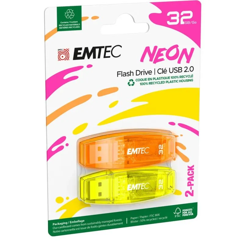Pen USB Emtec C410 Neon 32 GB USB 2.0 Pack 2 unidades cores néon