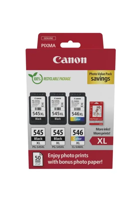 Pack económico de 2 tinteiros Canon PG-545XL de alto rendimento/1 tinteiro CL-546XL de alto rendimento + papel fotográfico